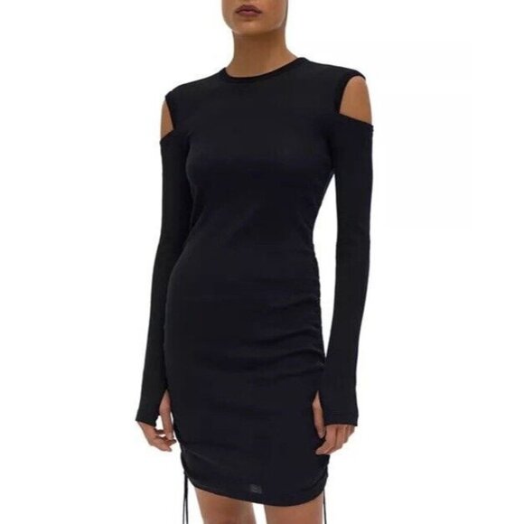 Helmut Lang Black Bodycon Rib Lacing Long Sleeve Dress Thumb Holes Medium - Picture 2 of 13